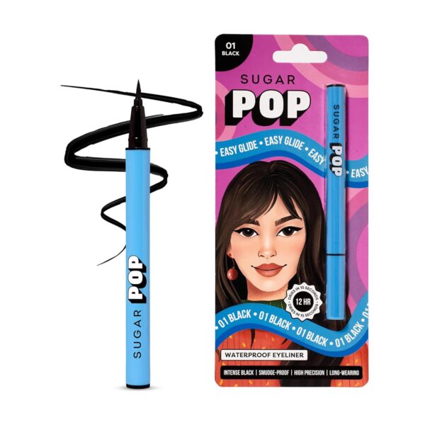 SUGAR POP Waterproof Eyeliner | Lasts Upto 12 Hrs | Lightweight, Quick Drying Formula, Sweatproof, Waterproof, Matte Finish Black | 1.5ml